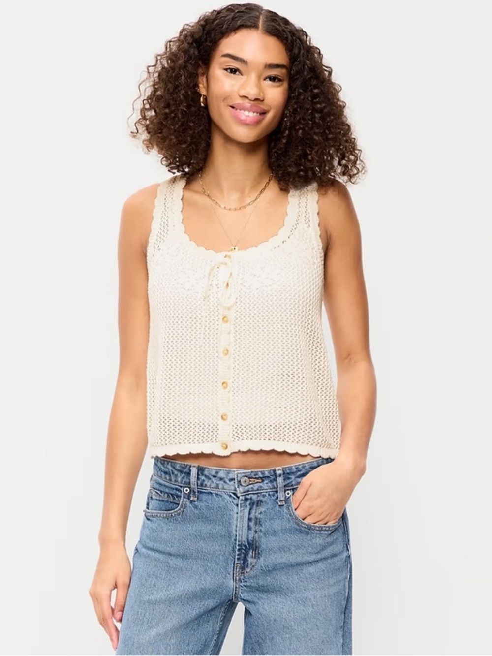 Lace-Trim Crochet Button-Front Tank Top - WHITE